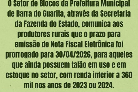 COMUNICADO IMPORTANTE AOS PRODUTORES RURAIS DE BARRA DO GUARITA